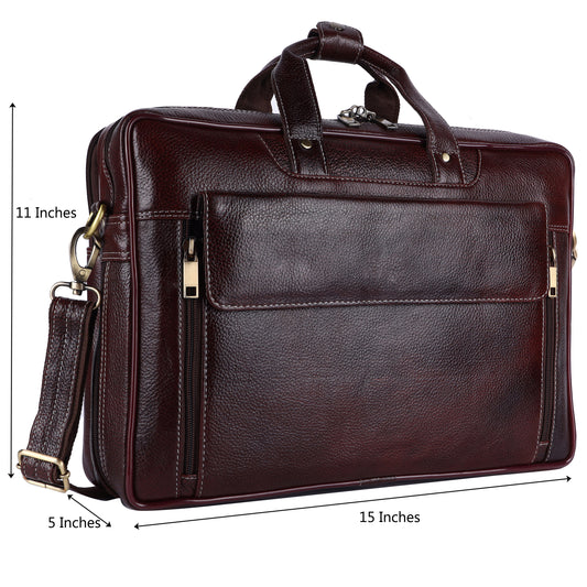 Large Multi-Compartment Leather Business Bag | 15" Laptop Messenger with Adjustable Shoulder Strap – Mahogany Brown