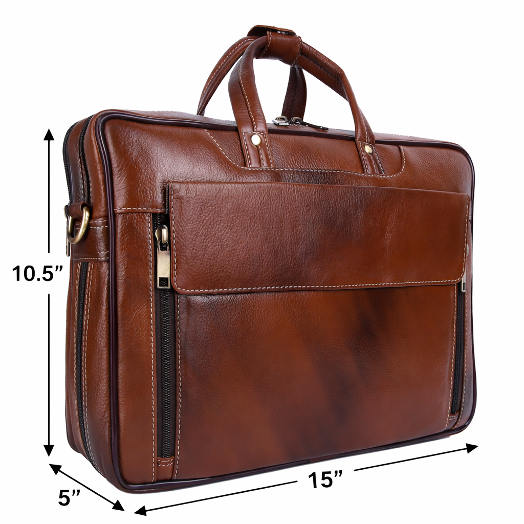 Full-Grain Leather Laptop Briefcase – Multi-Compartment Messenger Bag (Cognac Brown)