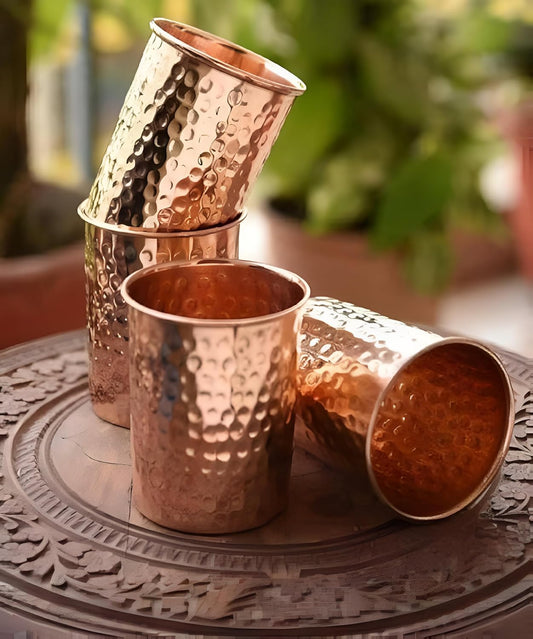 100% Pure Copper Hammered Tumbler 300ml | Ayurvedic Drinking Glass for Water | Traditional Handcrafted Copper Utensil – 4Pcs Set