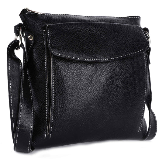 Livinwise Genuine Black Leather Crossbody Messenger Bag with White Stitching