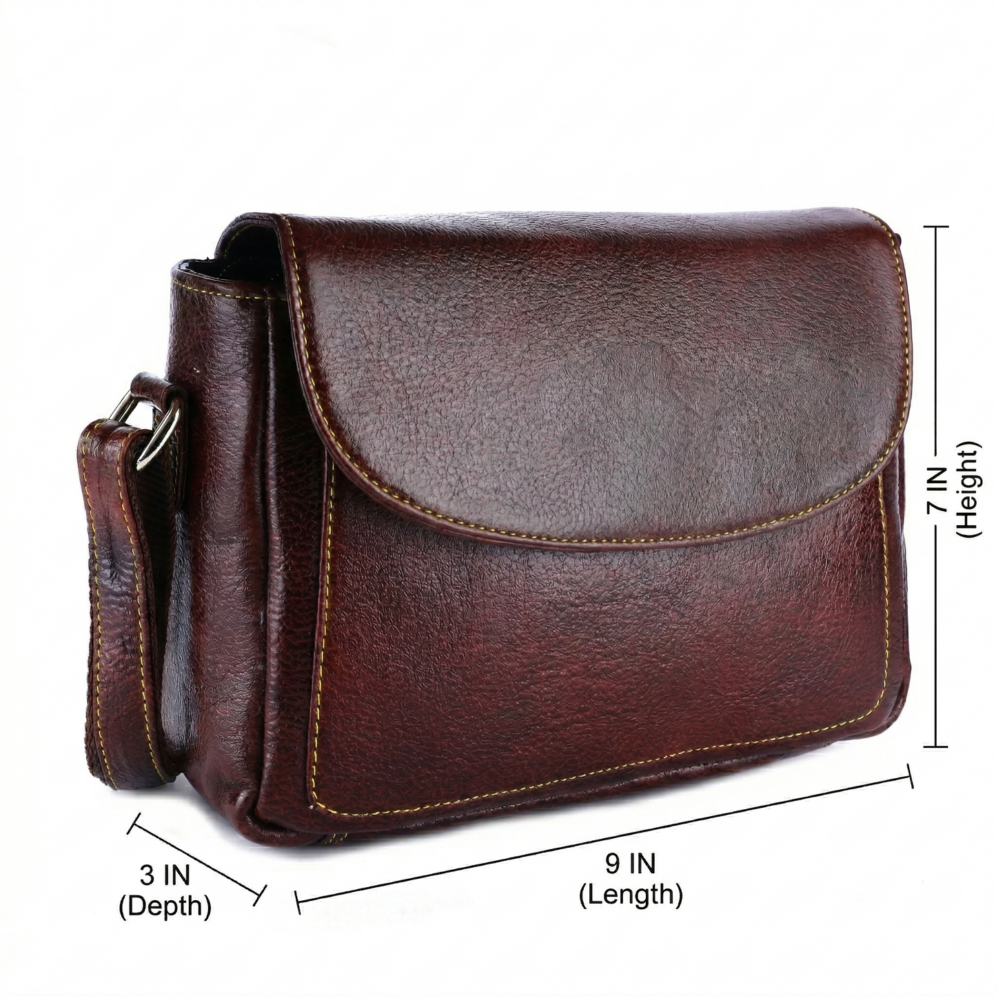 Livinwise Genuine Mahogany Leather Crossbody Bag with Yellow Stitching