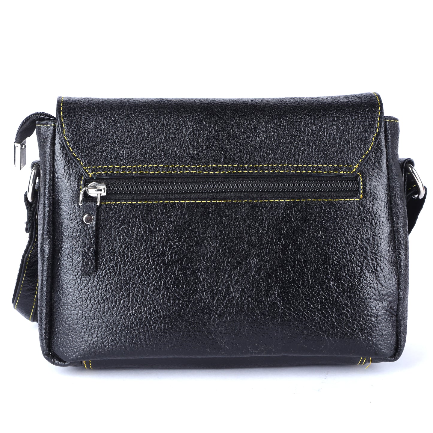 Livinwise Genuine Black Leather Crossbody Bag with Yellow Contrast Stitching