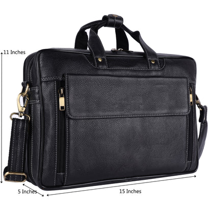 Men's Leather Laptop Briefcase – 15" Multi-Compartment Messenger Bag (Black)