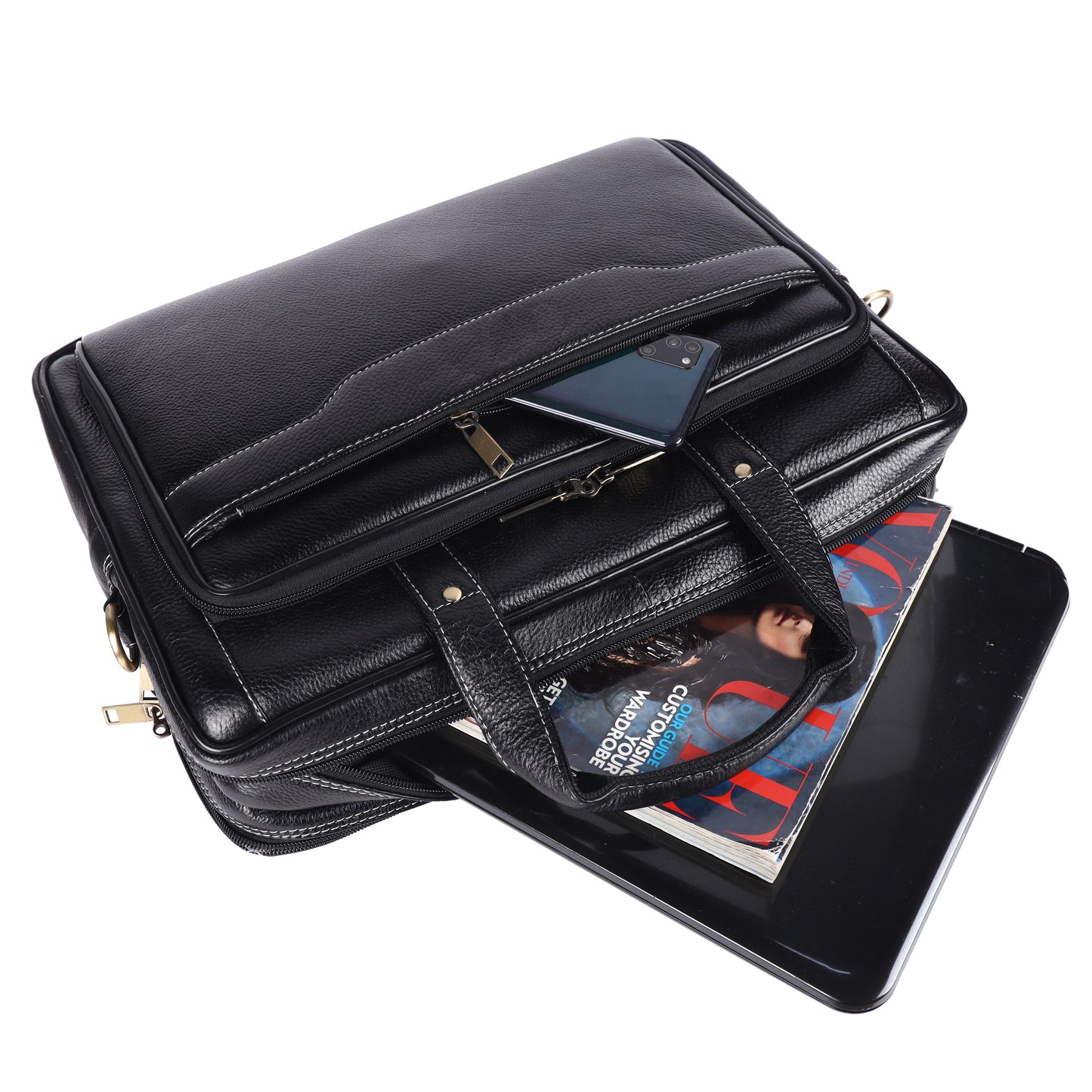 Genuine Leather Laptop Briefcase – 15.5" Professional Messenger Bag for Men (Black)