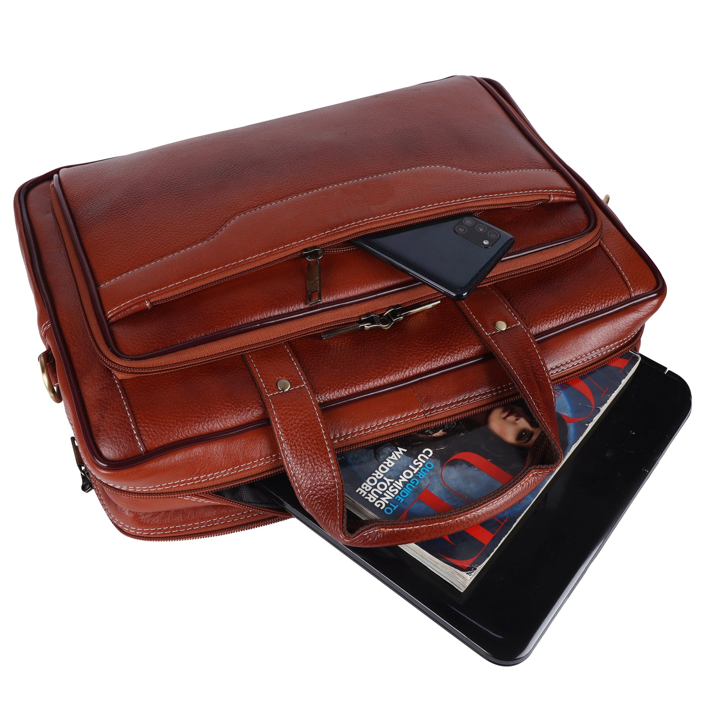 Handcrafted Leather Executive Messenger Bag – 15.5" Multi-Compartment Briefcase (Cognac Brown)