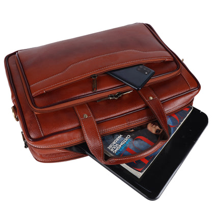 Handcrafted Leather Executive Messenger Bag – 15.5" Multi-Compartment Briefcase (Cognac Brown)