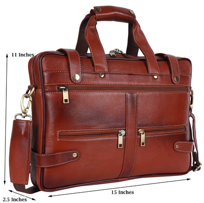 Full-Grain Leather Executive Briefcase – 15" Multi-Pocket Laptop Bag (Heritage Brown)