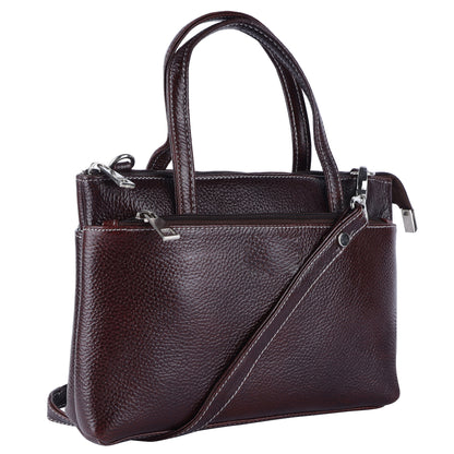 Livinwise Genuine Dark Brown Leather Crossbody Tote with White Stitching