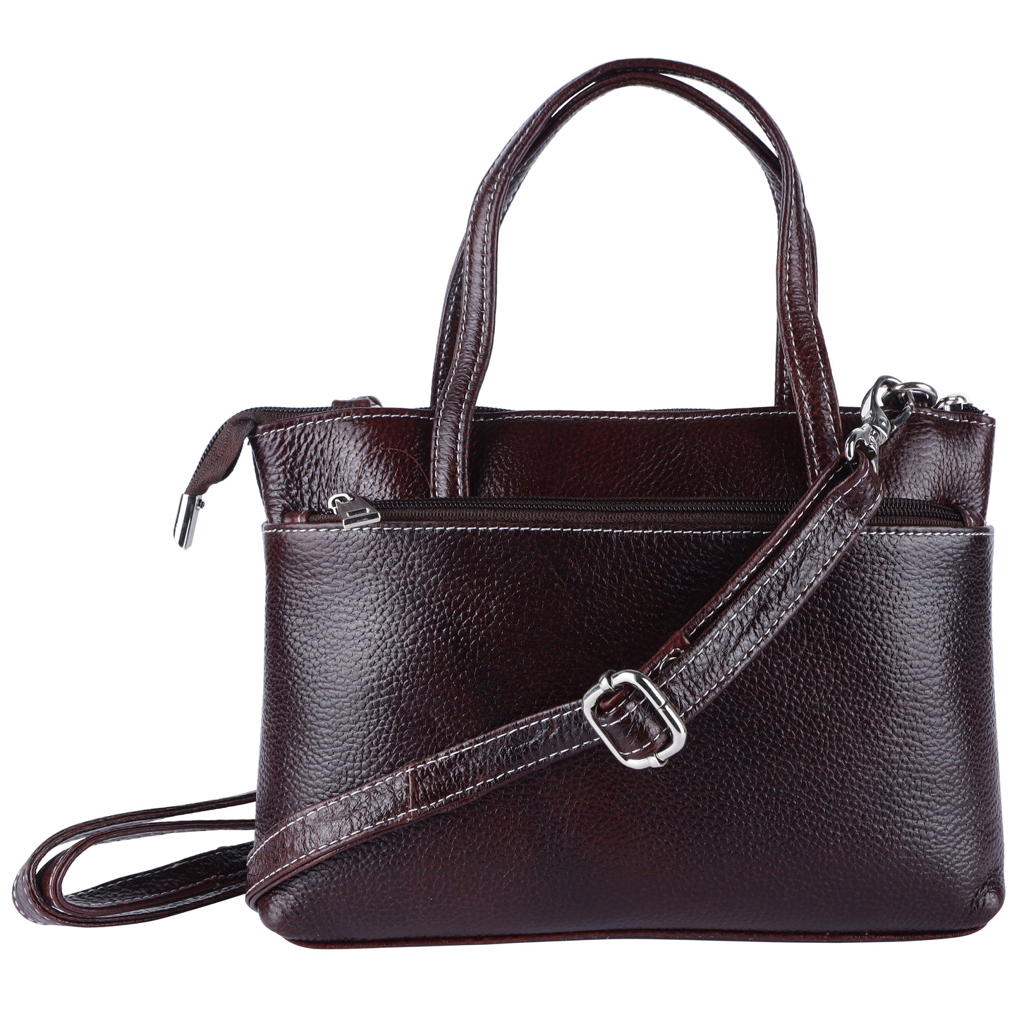 Livinwise Genuine Dark Brown Leather Crossbody Tote with White Stitching