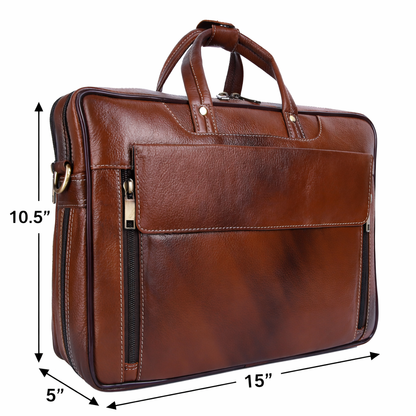 Full-Grain Leather Laptop Briefcase – Multi-Compartment Messenger Bag (Cognac Brown)