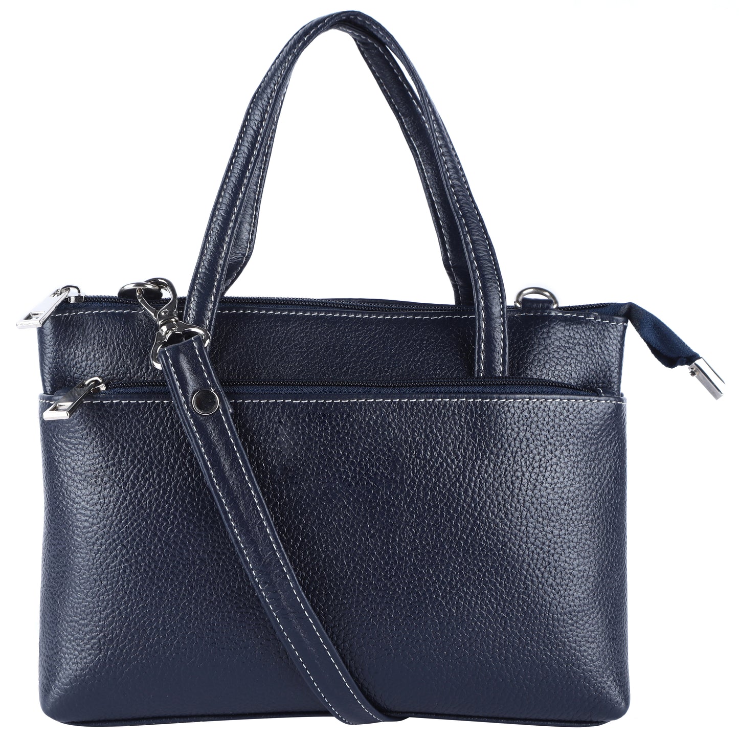 Livinwise Genuine Navy Blue Leather Crossbody Tote with White Stitching
