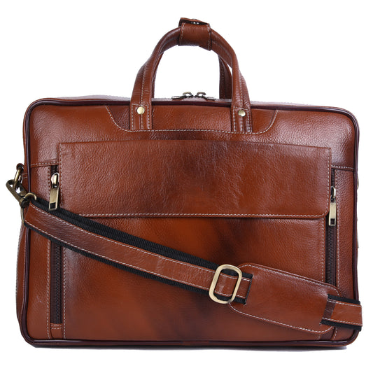 Premium Full-Grain Leather Multi-Compartment Laptop Briefcase – Cognac Brown