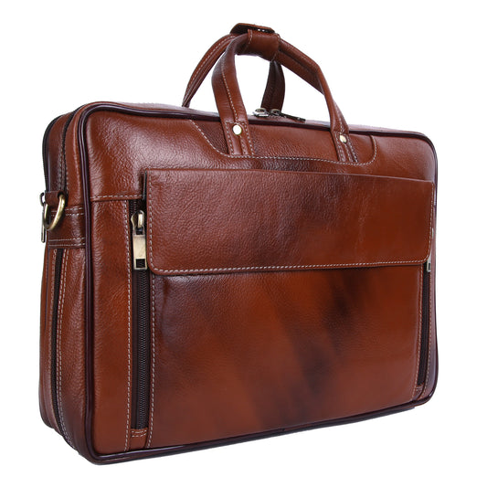 Premium Full-Grain Leather Multi-Compartment Laptop Briefcase – Cognac Brown