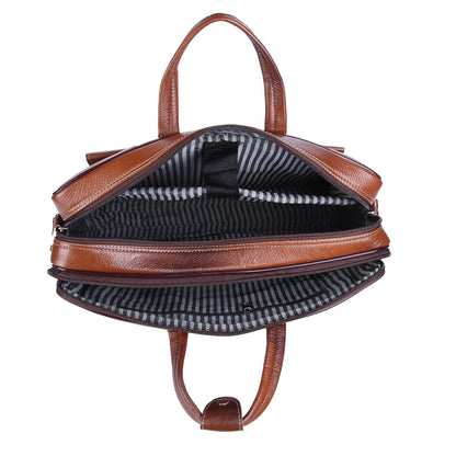 Full-Grain Leather Laptop Briefcase – Multi-Compartment Messenger Bag (Cognac Brown)