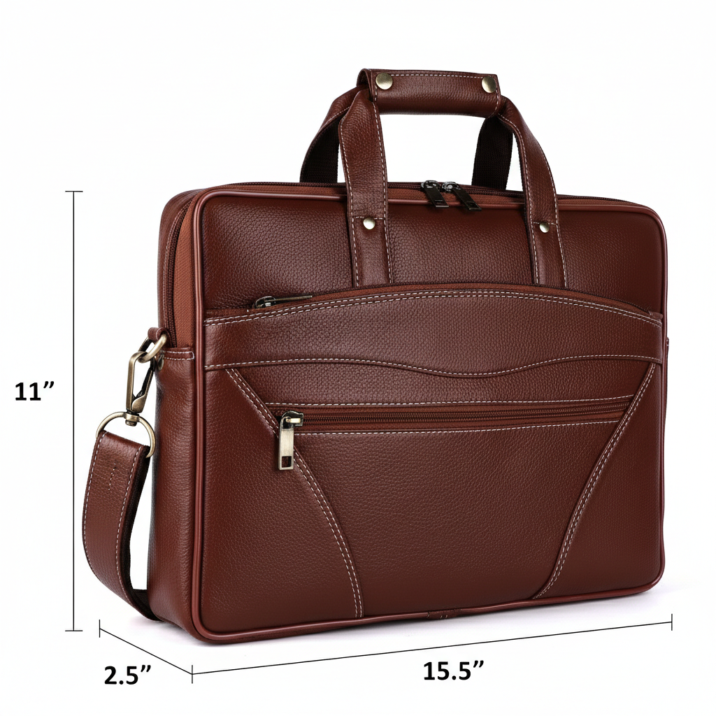 Vegan Leather Laptop Briefcase – 15.6" Multi-Pocket Executive Messenger Bag (Brown)