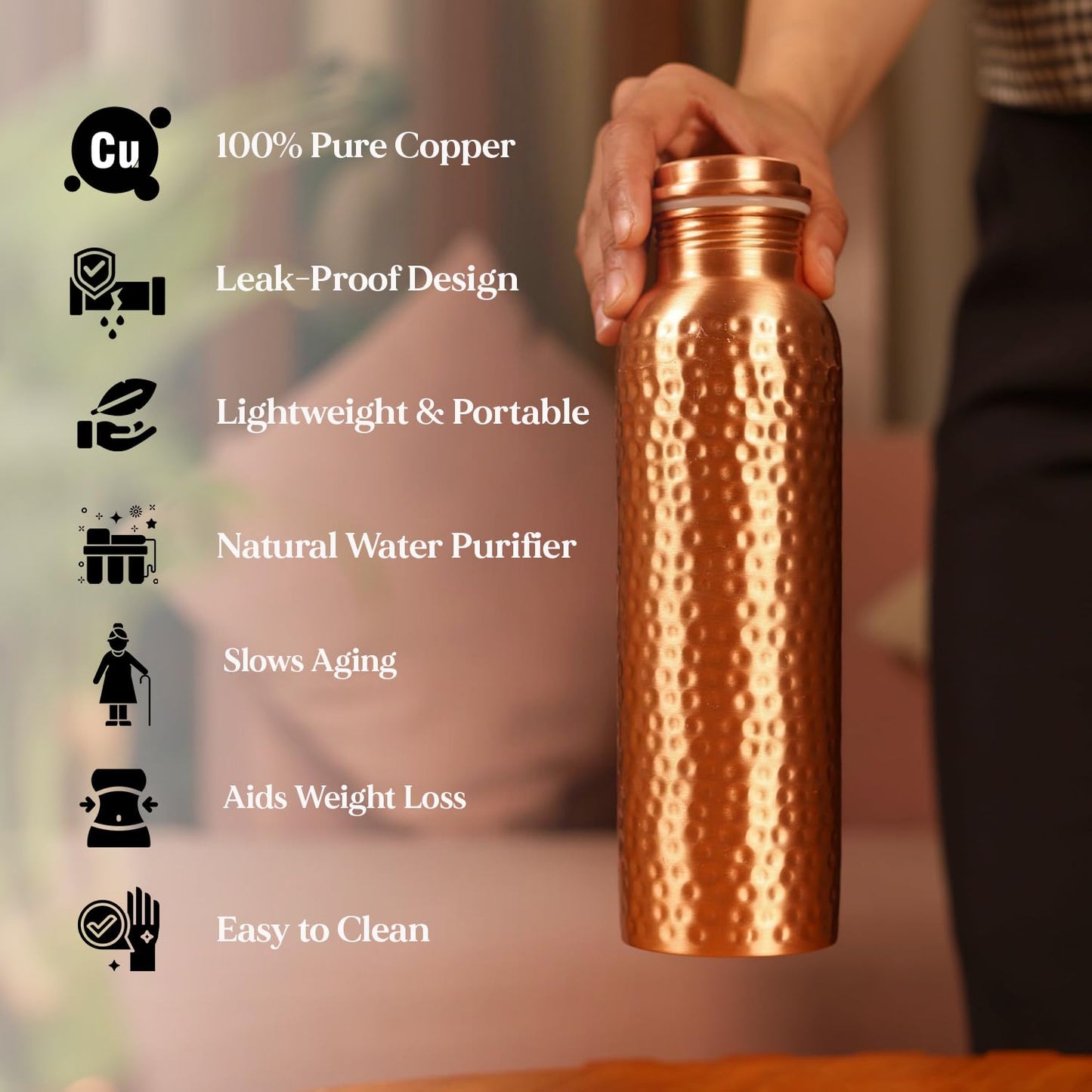 Hammered Pure Copper Water Bottle – 950ml Ayurvedic Leak-Proof Wellness Flask