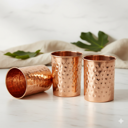 Pure Copper Hammered Tumbler – 300ml Ayurvedic Drinking Glass, Set of 4