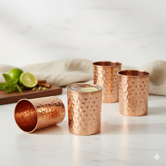 100% Pure Copper Hammered Tumbler 300ml | Ayurvedic Drinking Glass for Water | Traditional Handcrafted Copper Utensil – 4Pcs Set