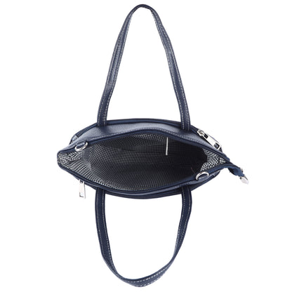 Livinwise Genuine Navy Blue Leather Crossbody Tote with White Stitching