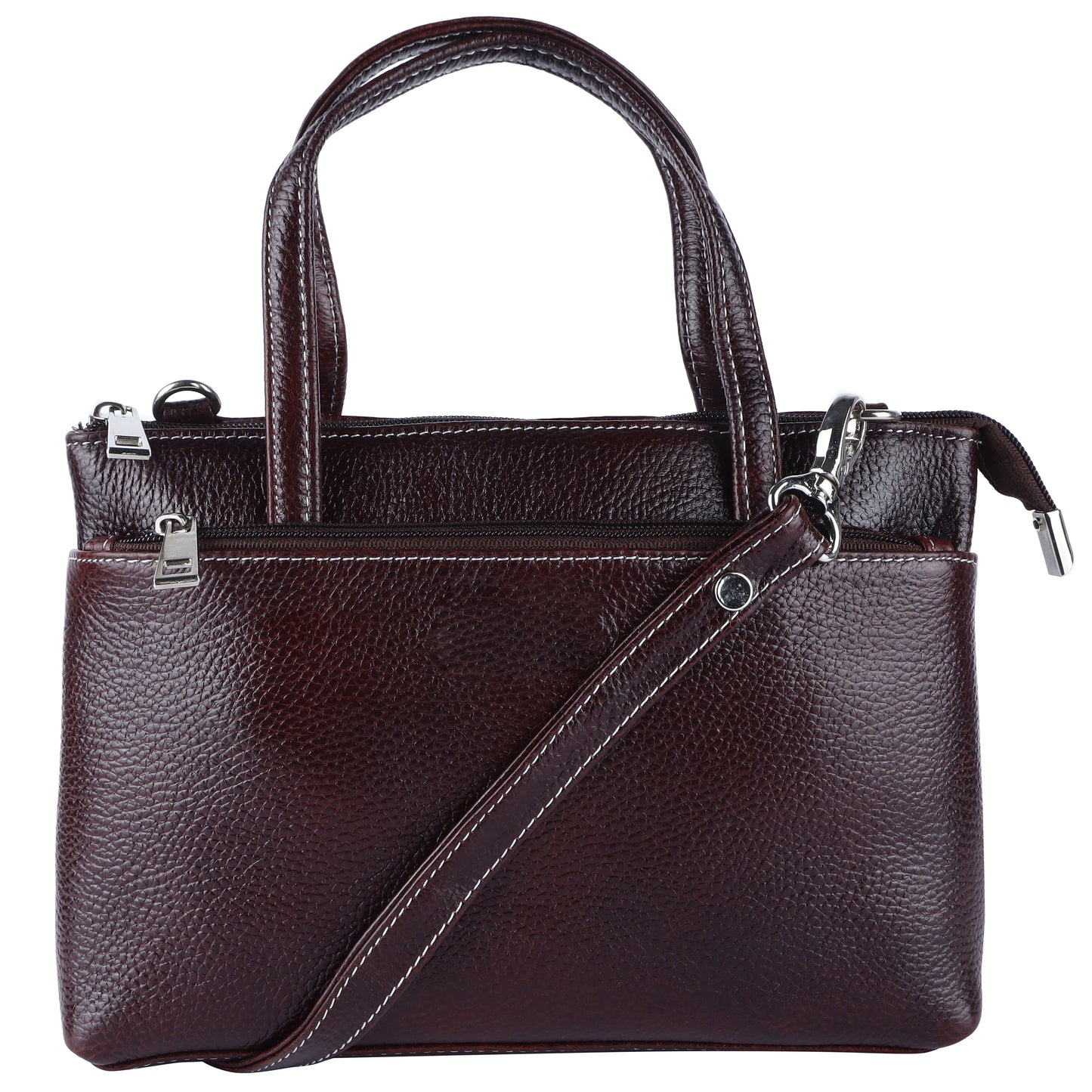 Livinwise Genuine Dark Brown Leather Crossbody Tote with White Stitching