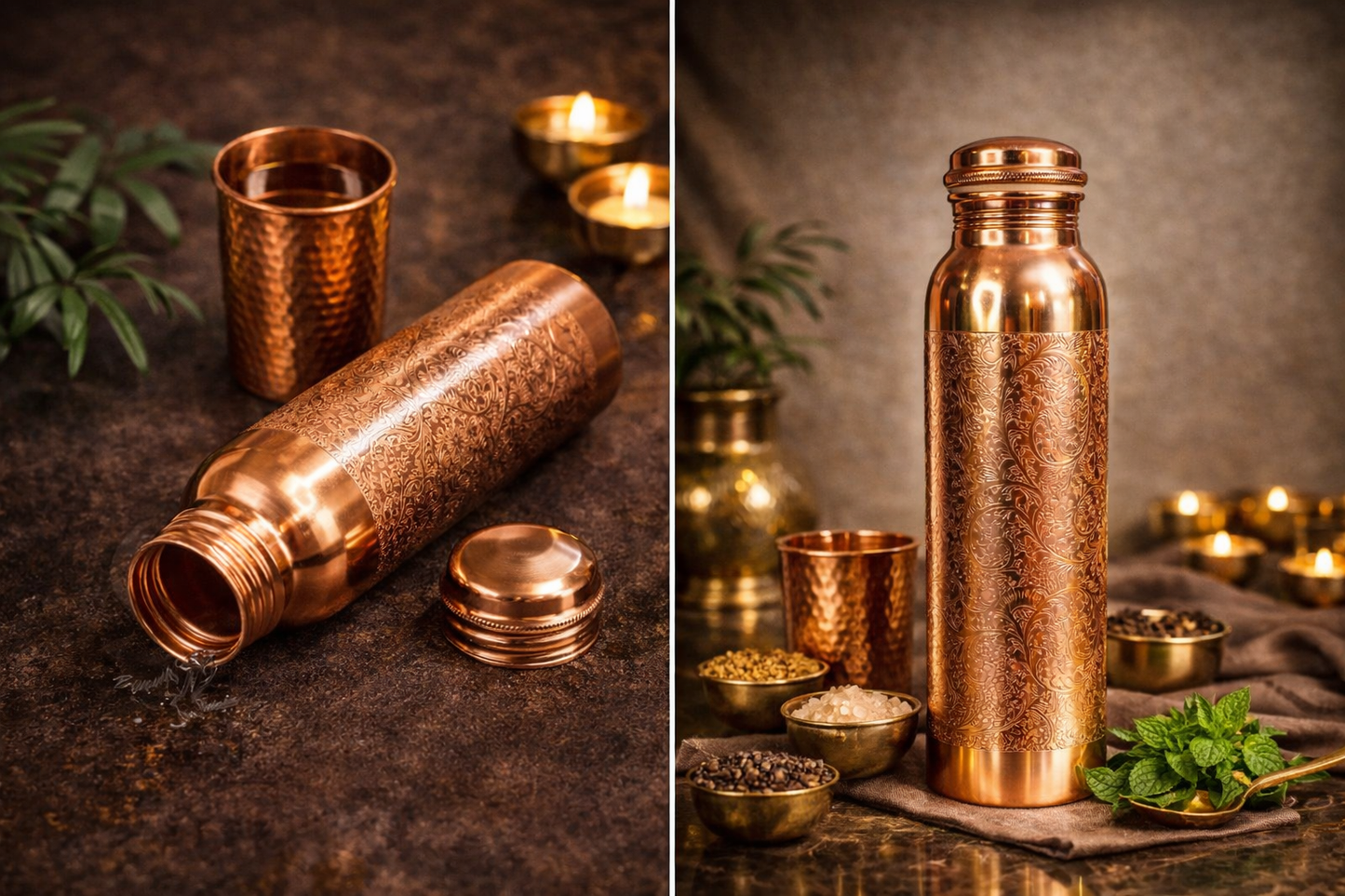 Handcrafted Copper Water Bottle – 1L Mandala Engraved Ayurvedic Wellness Flask