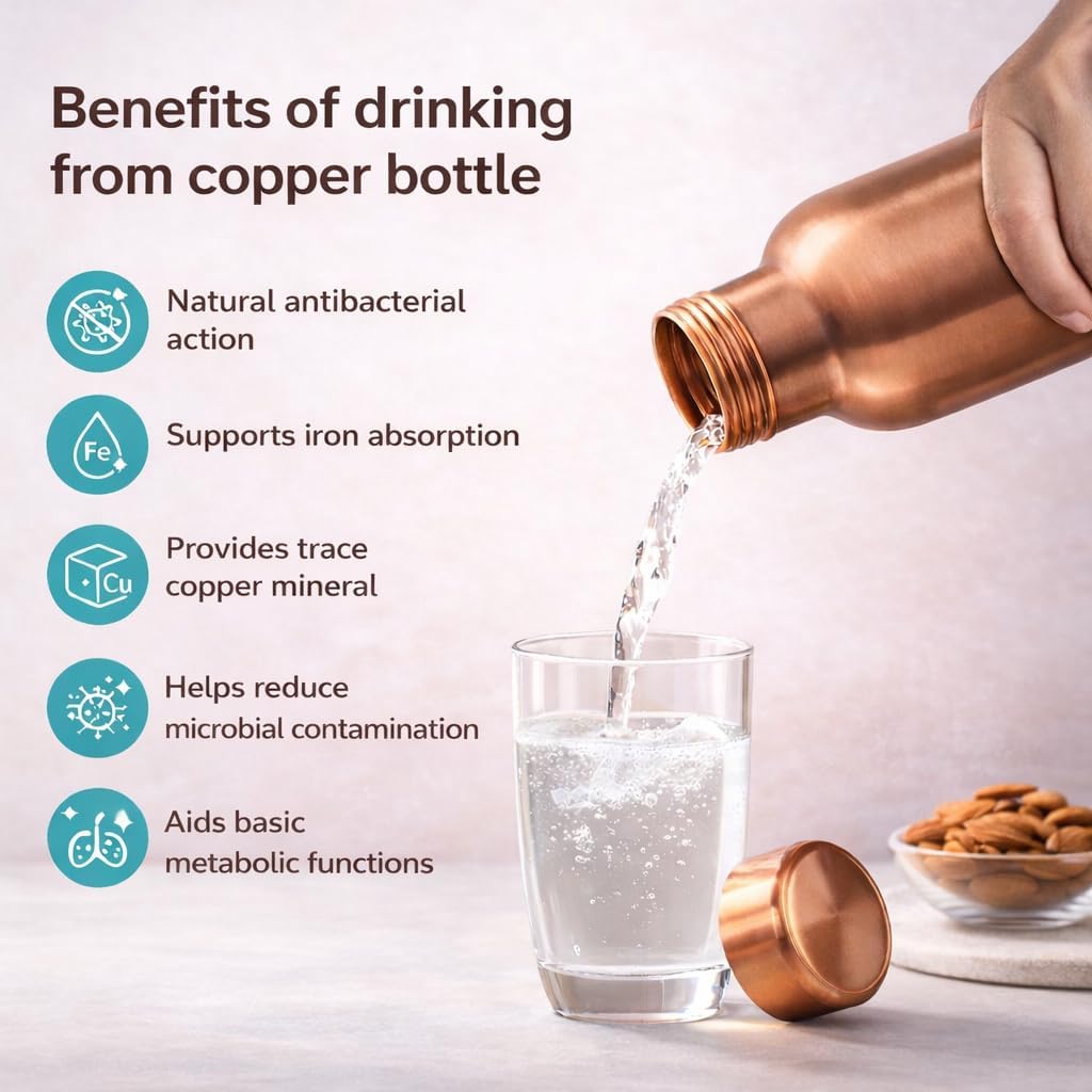 Premium 100% Pure Copper Water Bottle - Leak-Proof & Lacquer Finished (950ml / 32oz)