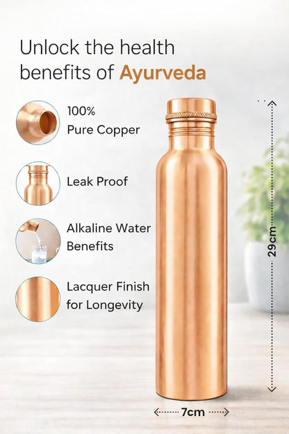 Premium 100% Pure Copper Water Bottle - Leak-Proof & Lacquer Finished (950ml / 32oz)