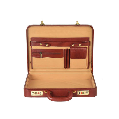 Premium Handcrafted Leather Attache Briefcase - Professional Executive Hard-Shell Case with Dual Combination Locks