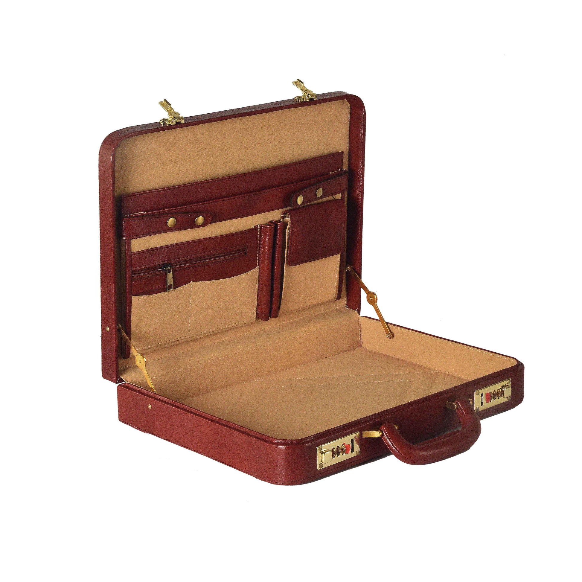 Premium Handcrafted Leather Attache Briefcase - Professional Executive Hard-Shell Case with Dual Combination Locks
