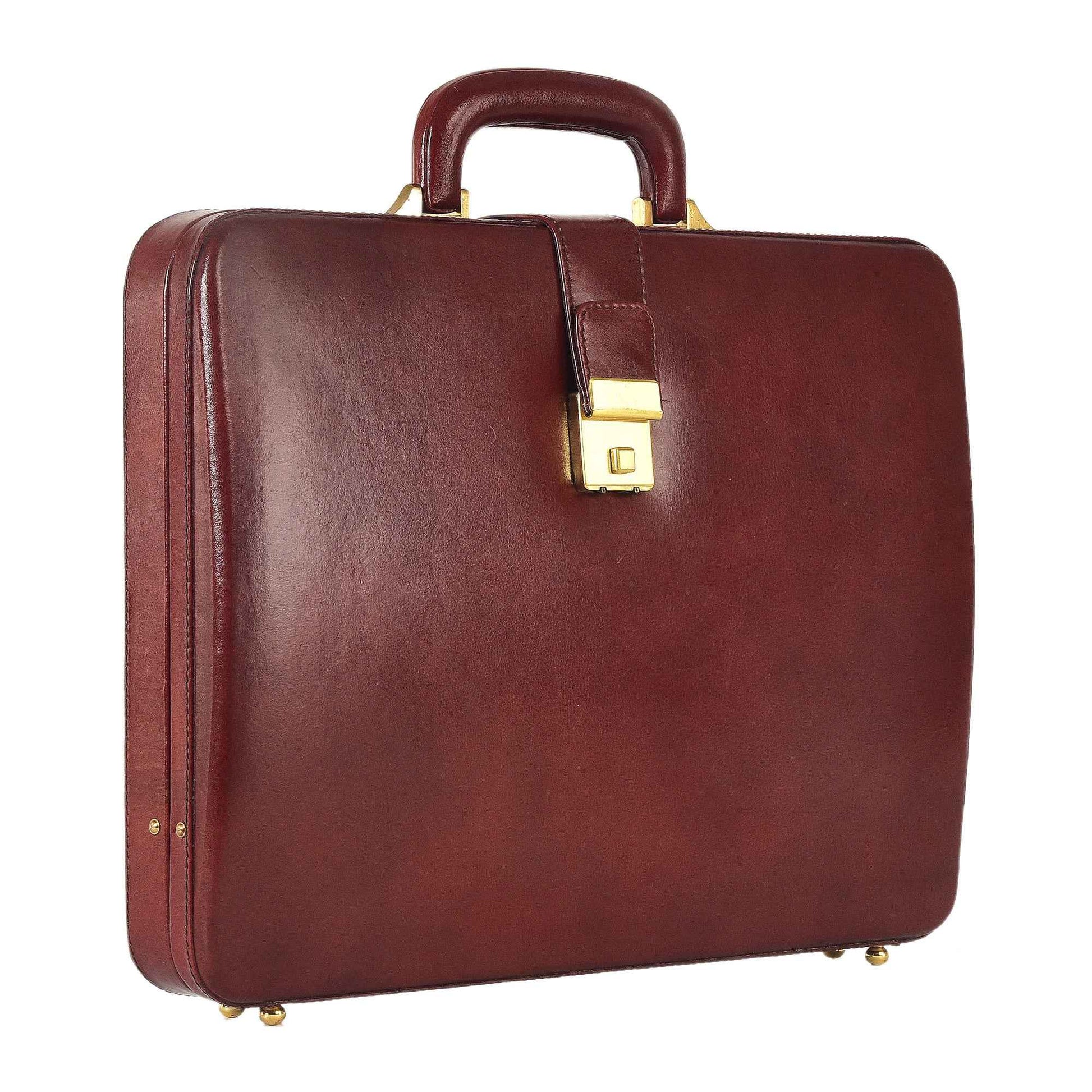 Handcrafted Leather Hard-Shell Attache Case with Combination Lock - Brown