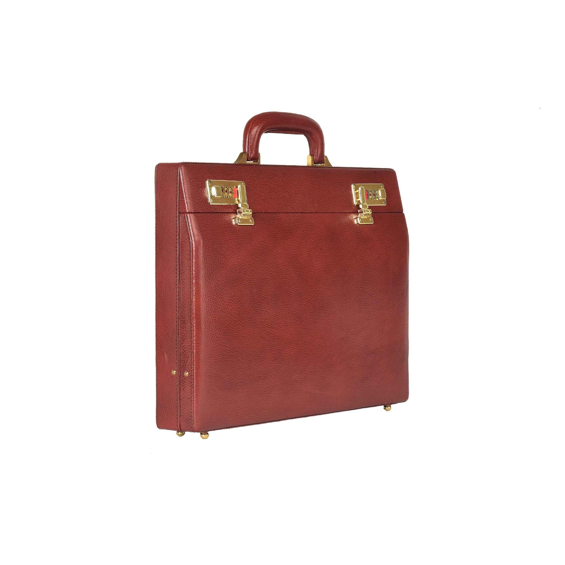 The Classic Modern: Luxury Leather Hard-Shell Briefcase – Wooden Structure & Velvet Interior – Brown & Gold
