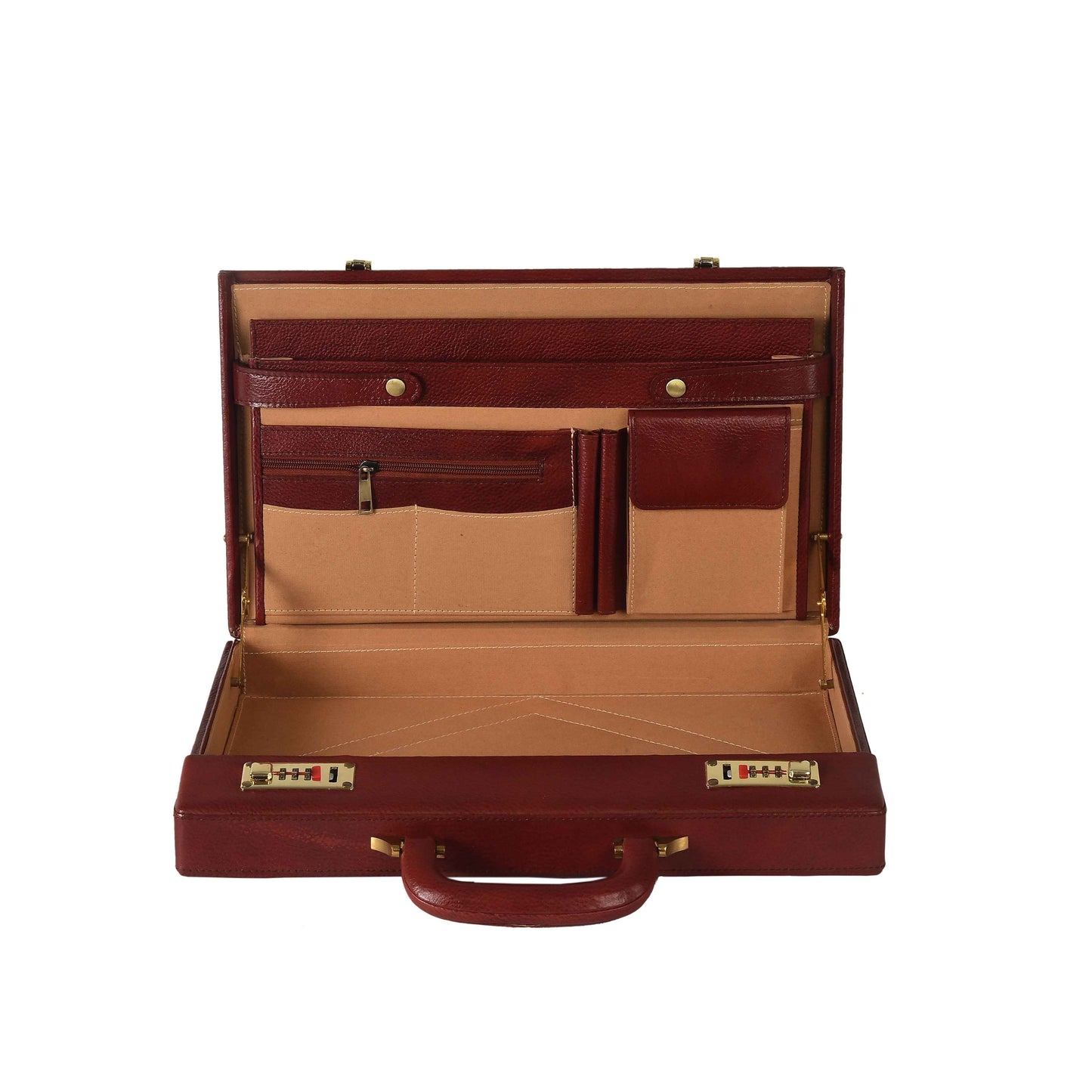 The Classic Modern: Luxury Leather Hard-Shell Briefcase – Wooden Structure & Velvet Interior – Brown & Gold