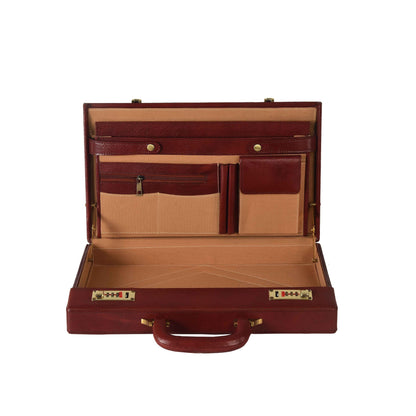 The Classic Modern: Luxury Leather Hard-Shell Briefcase – Wooden Structure & Velvet Interior – Brown & Gold