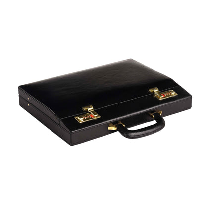 The Classic Modern: Luxury Leather Hard-Shell Briefcase – Wooden Structure & Velvet Interior – Black & Gold
