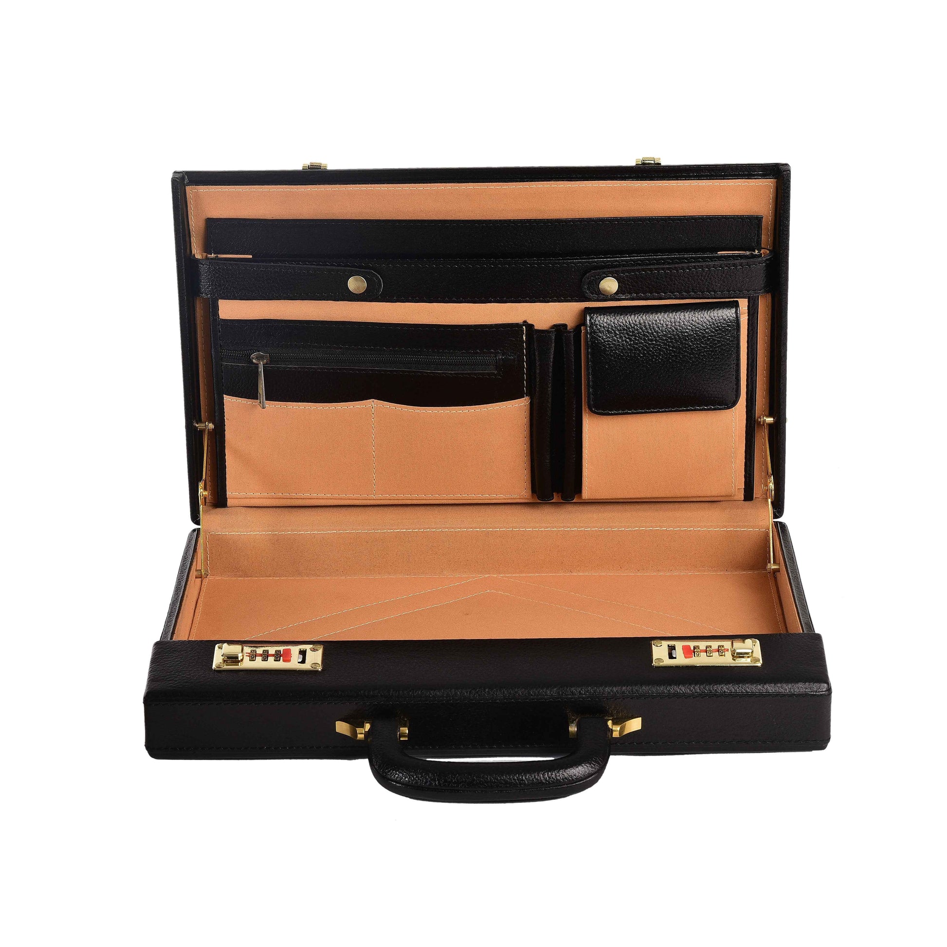 The Classic Modern: Luxury Leather Hard-Shell Briefcase – Wooden Structure & Velvet Interior – Black & Gold