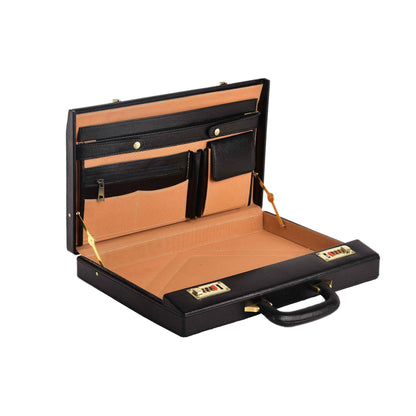 The Classic Modern: Luxury Leather Hard-Shell Briefcase – Wooden Structure & Velvet Interior – Black & Gold