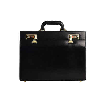The Classic Modern: Luxury Leather Hard-Shell Briefcase – Wooden Structure & Velvet Interior – Black & Gold