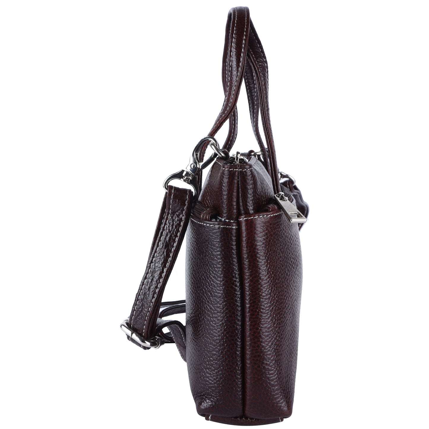 Livinwise Genuine Dark Brown Leather Crossbody Tote with White Stitching