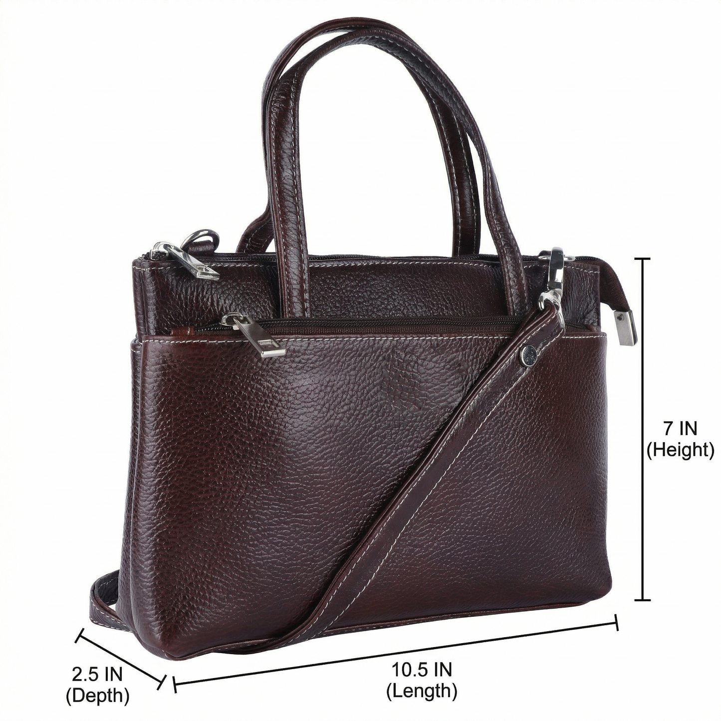 Livinwise Genuine Dark Brown Leather Crossbody Tote with White Stitching