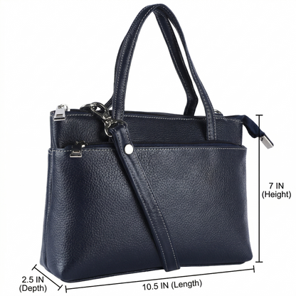 Livinwise Genuine Navy Blue Leather Crossbody Tote with White Stitching