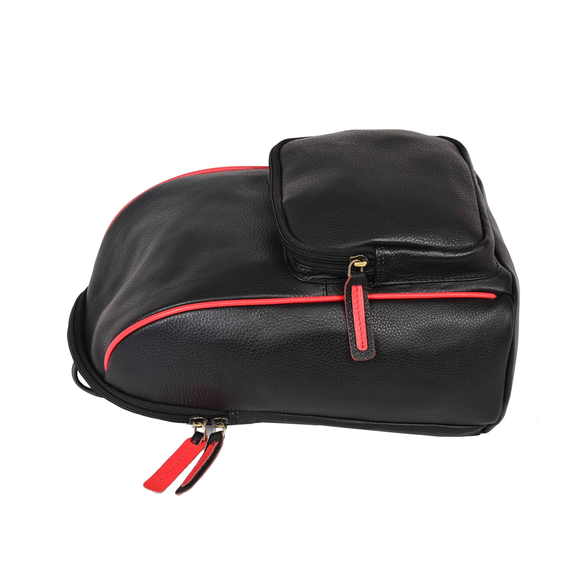 Livinwise Genuine Black Leather Mini Backpack with Red Piping