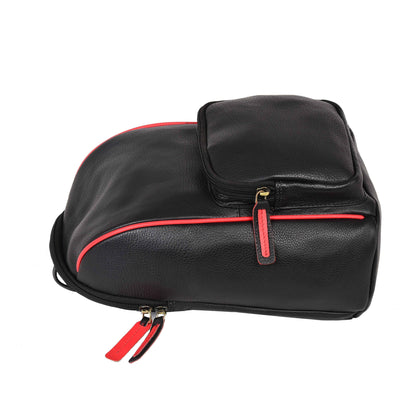Livinwise Genuine Black Leather Mini Backpack with Red Piping