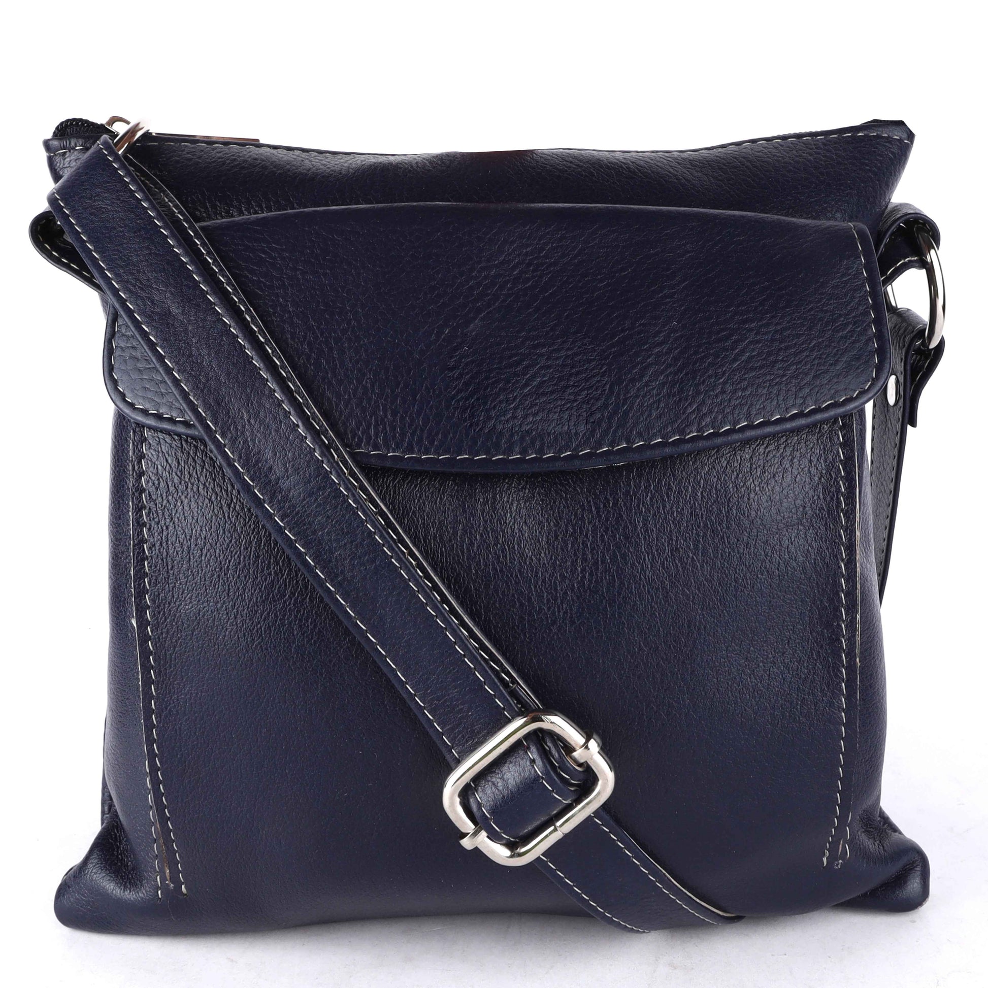 Livinwise Genuine Black Leather Crossbody Messenger Bag with White Stitching
