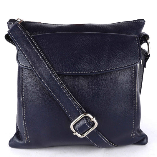 Livinwise Genuine Black Leather Crossbody Messenger Bag with White Stitching