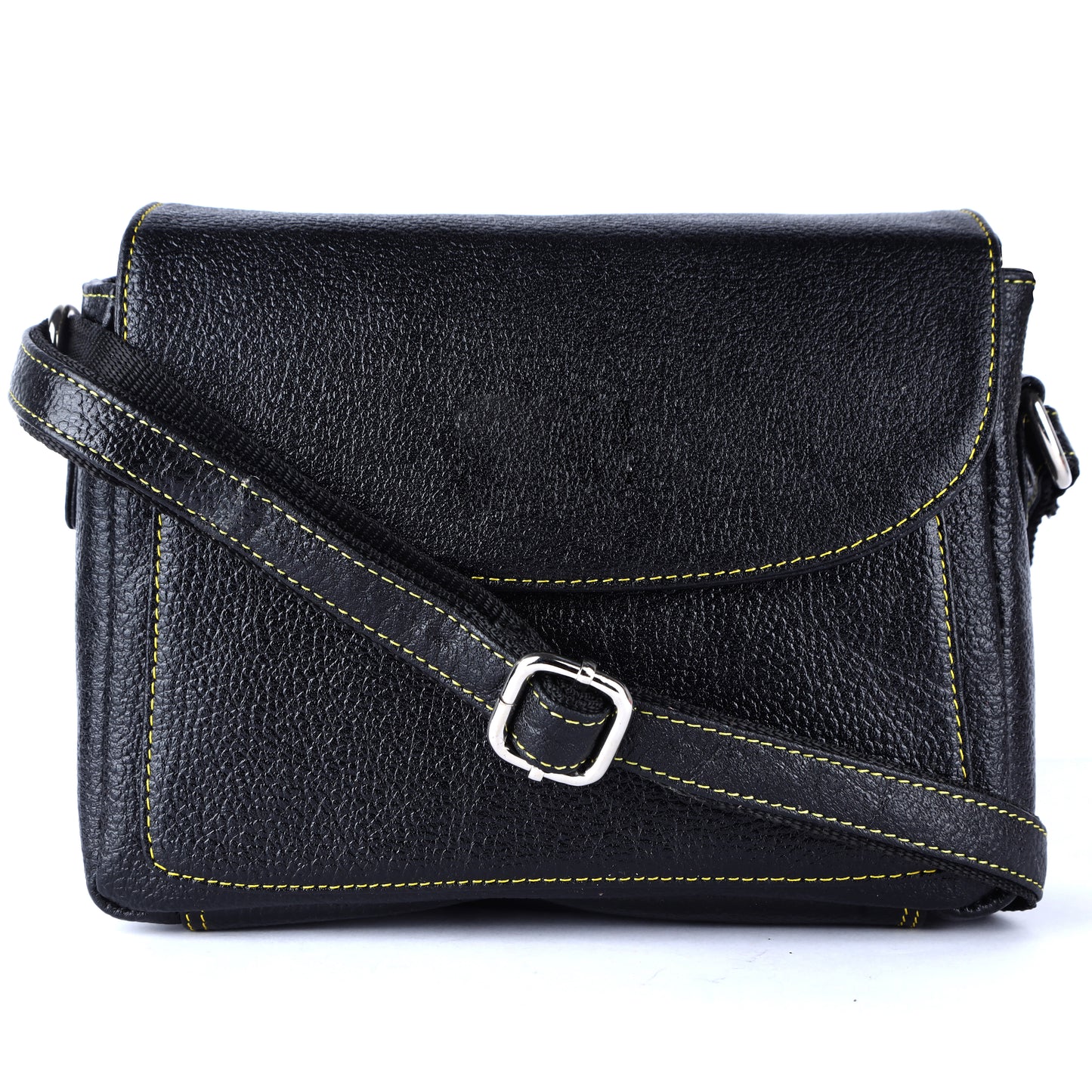Livinwise Genuine Black Leather Crossbody Bag with Yellow Contrast Stitching
