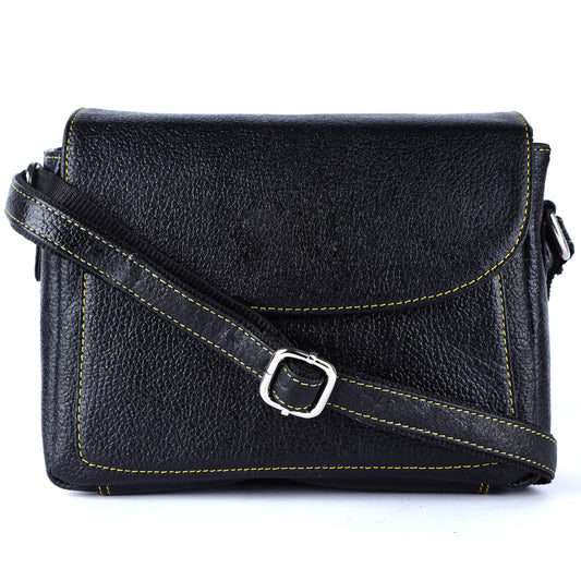 Livinwise Genuine Black Leather Crossbody Bag with Yellow Contrast Stitching