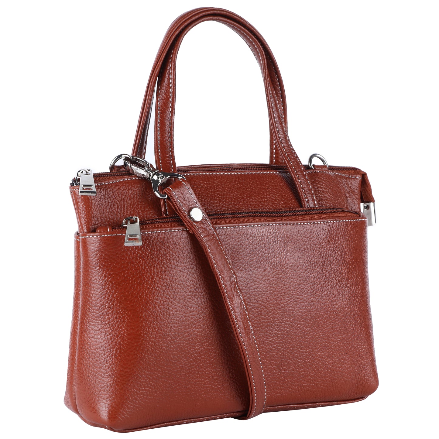 Livinwise Genuine Terracotta Leather Crossbody Tote with White Stitching