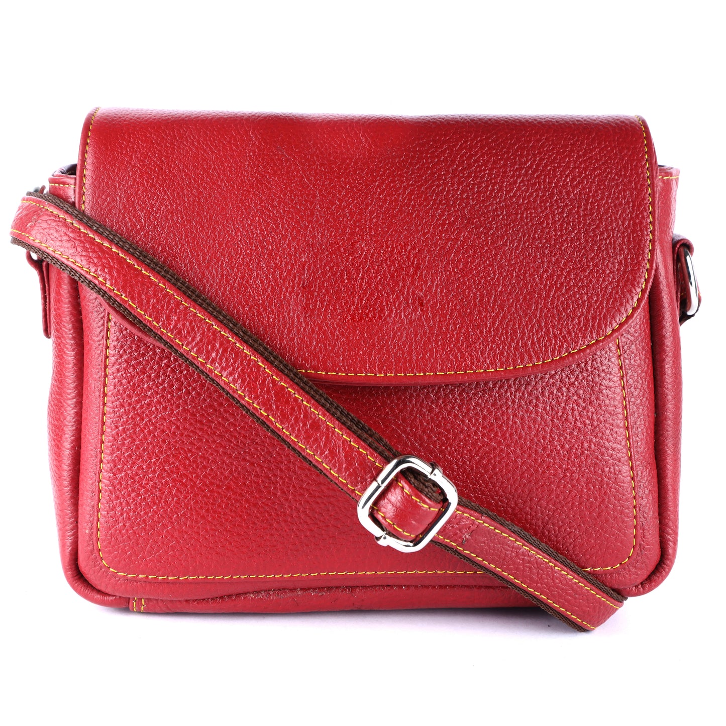 Livinwise Genuine Red Leather Crossbody Bag with Yellow Stitching