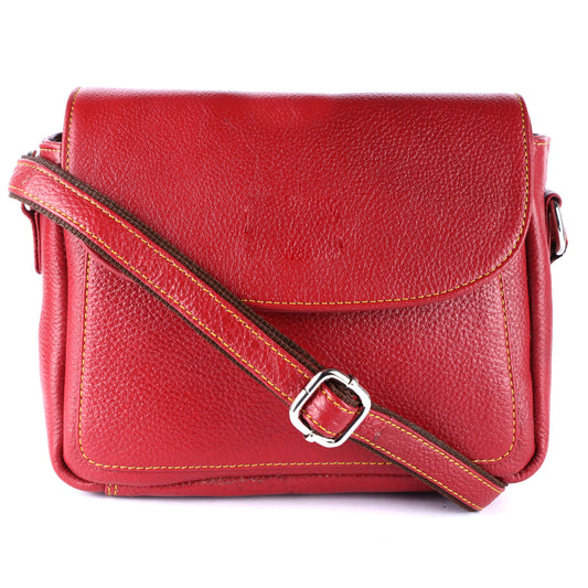 Livinwise Genuine Red Leather Crossbody Bag with Yellow Stitching