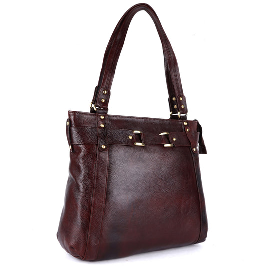 Livinwise Genuine Mahogany Leather Belted Tote Bag for Women